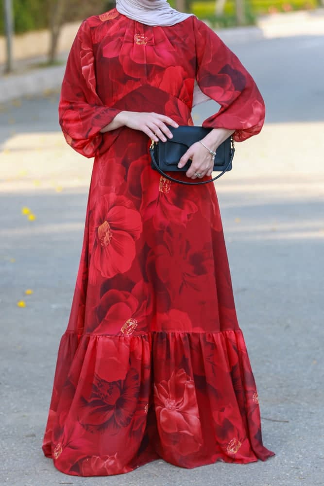 Tasneem Empire Waist Chiffon Bold Flower Print Dress in Red Fully Line with Elasticated Cuff Sleeves, view 4