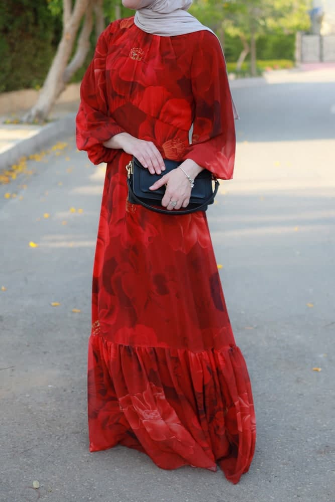 Tasneem Empire Waist Chiffon Bold Flower Print Dress in Red Fully Line with Elasticated Cuff Sleeves, view 5
