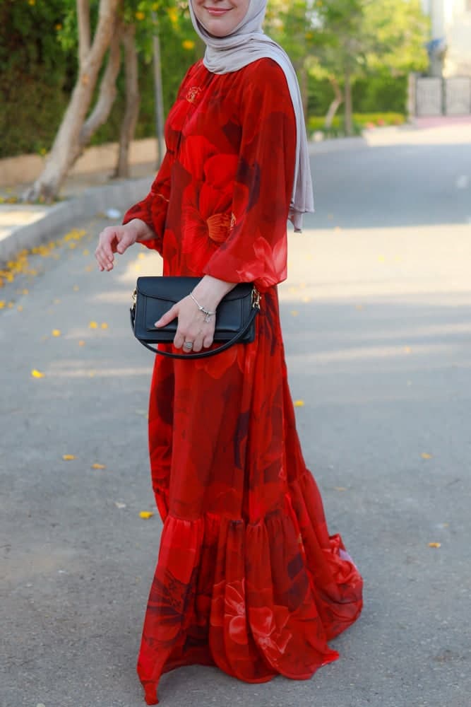 Tasneem Empire Waist Chiffon Bold Flower Print Dress in Red Fully Line with Elasticated Cuff Sleeves, view 9