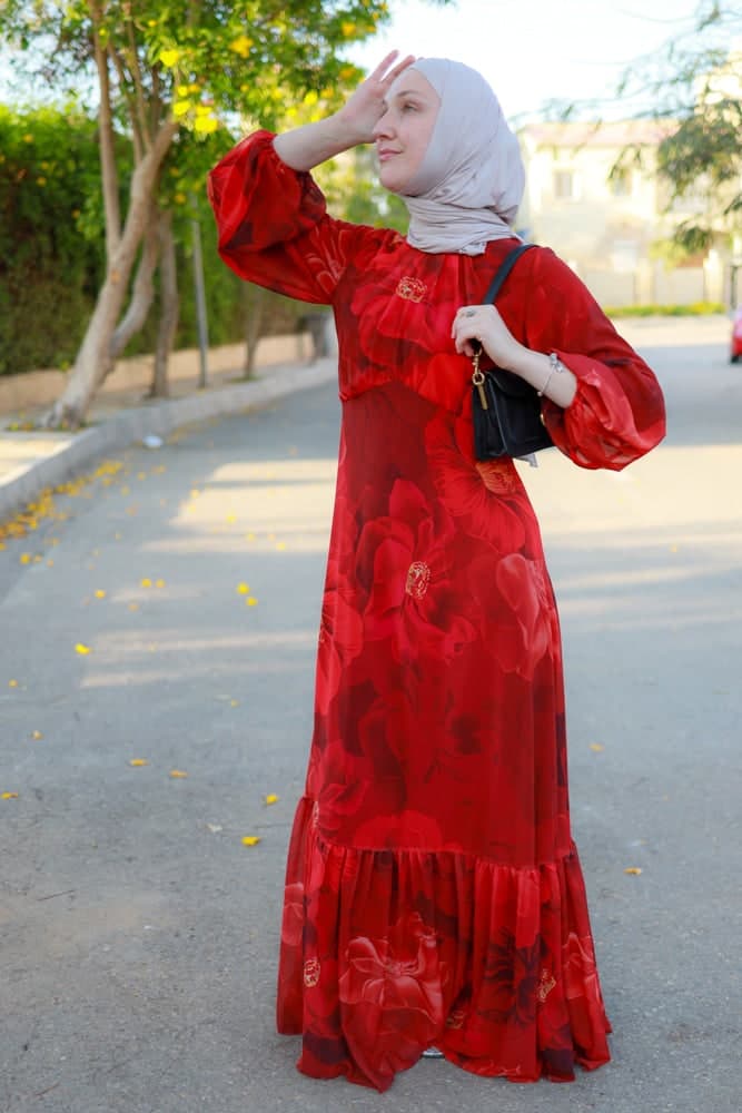 Tasneem Empire Waist Chiffon Bold Flower Print Dress in Red Fully Line with Elasticated Cuff Sleeves, view 13