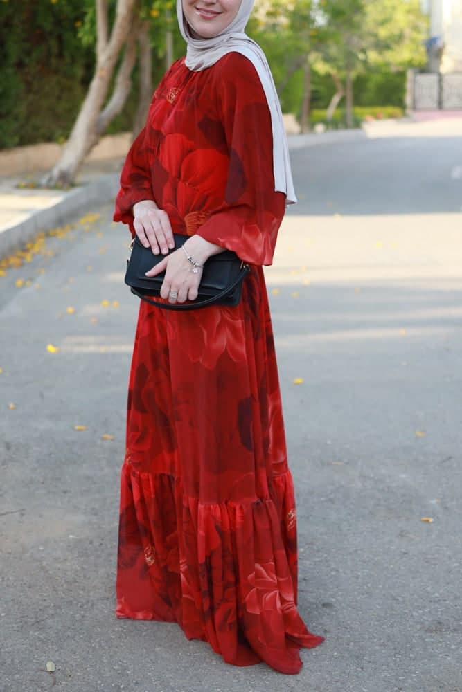 Tasneem Empire Waist Chiffon Bold Flower Print Dress in Red Fully Line with Elasticated Cuff Sleeves, view 10
