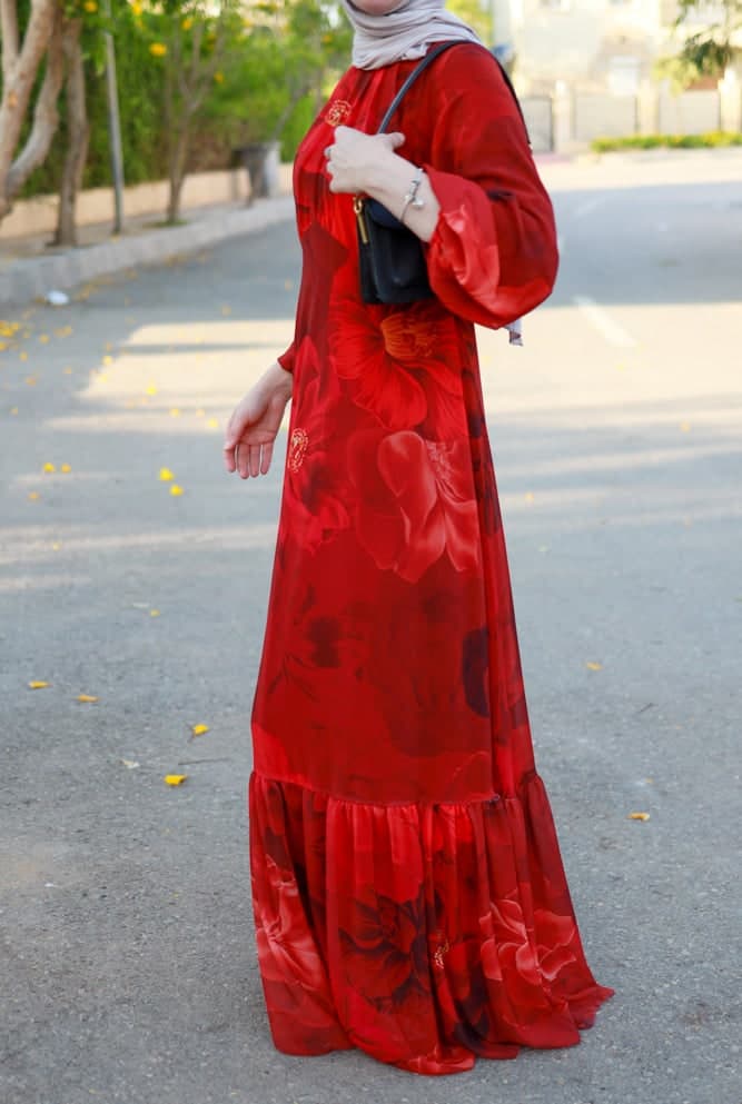 Tasneem Empire Waist Chiffon Bold Flower Print Dress in Red Fully Line with Elasticated Cuff Sleeves, view 14