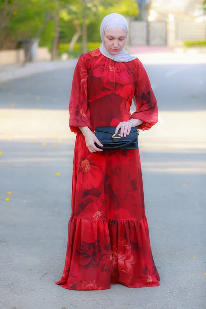 Tasneem Empire Waist Chiffon Bold Flower Print Dress in Red Fully Line with Elasticated Cuff Sleeves, view 6