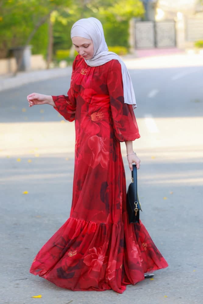 Tasneem Empire Waist Chiffon Bold Flower Print Dress in Red Fully Line with Elasticated Cuff Sleeves, view 7