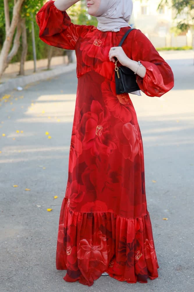 Tasneem Empire Waist Chiffon Bold Flower Print Dress in Red Fully Line with Elasticated Cuff Sleeves, view 12