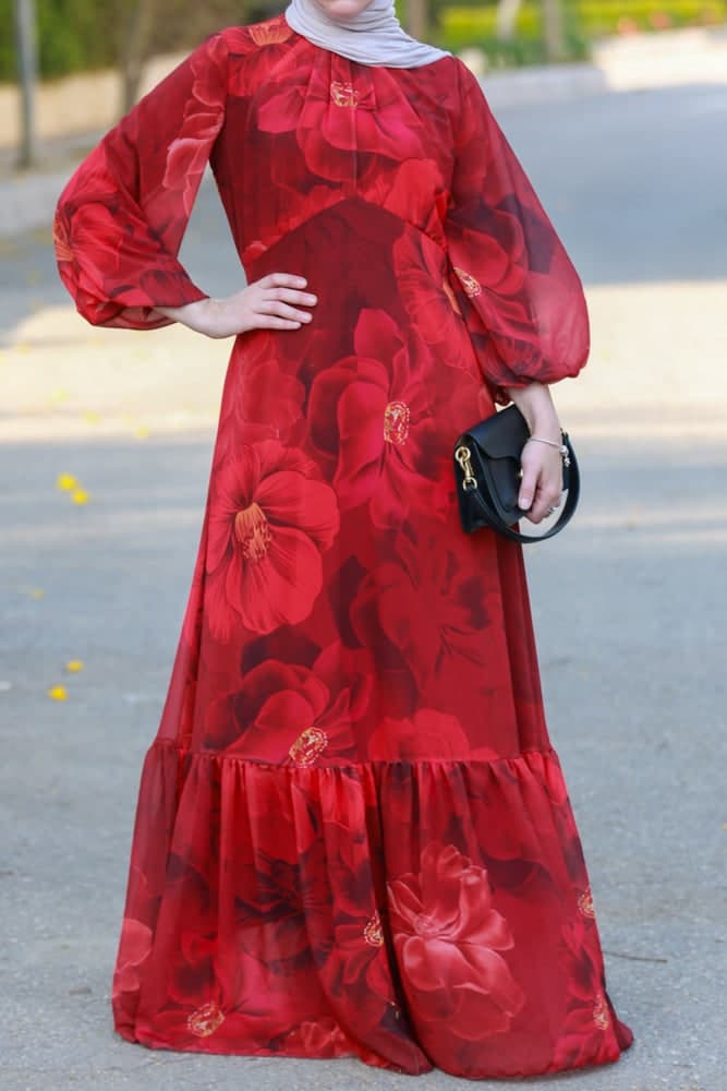 Tasneem Empire Waist Chiffon Bold Flower Print Dress in Red Fully Line with Elasticated Cuff Sleeves, view 8