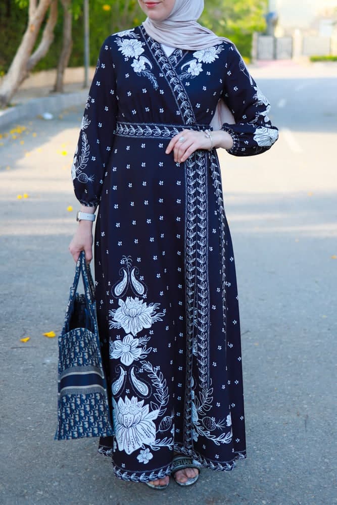 Omniya Everyday Maxi Wrap Dress with Attached Belt Long Elastictaed Sleeves in black, view 8