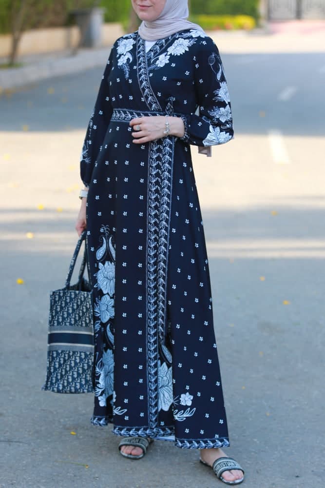 Omniya Everyday Maxi Wrap Dress with Attached Belt Long Elastictaed Sleeves in black, view 5