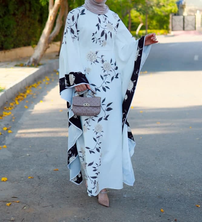 Nastya Contrast Batwing Kimono Extra Dramatic Sleeves Dress Fully Lined Maxi Length in white, view 6