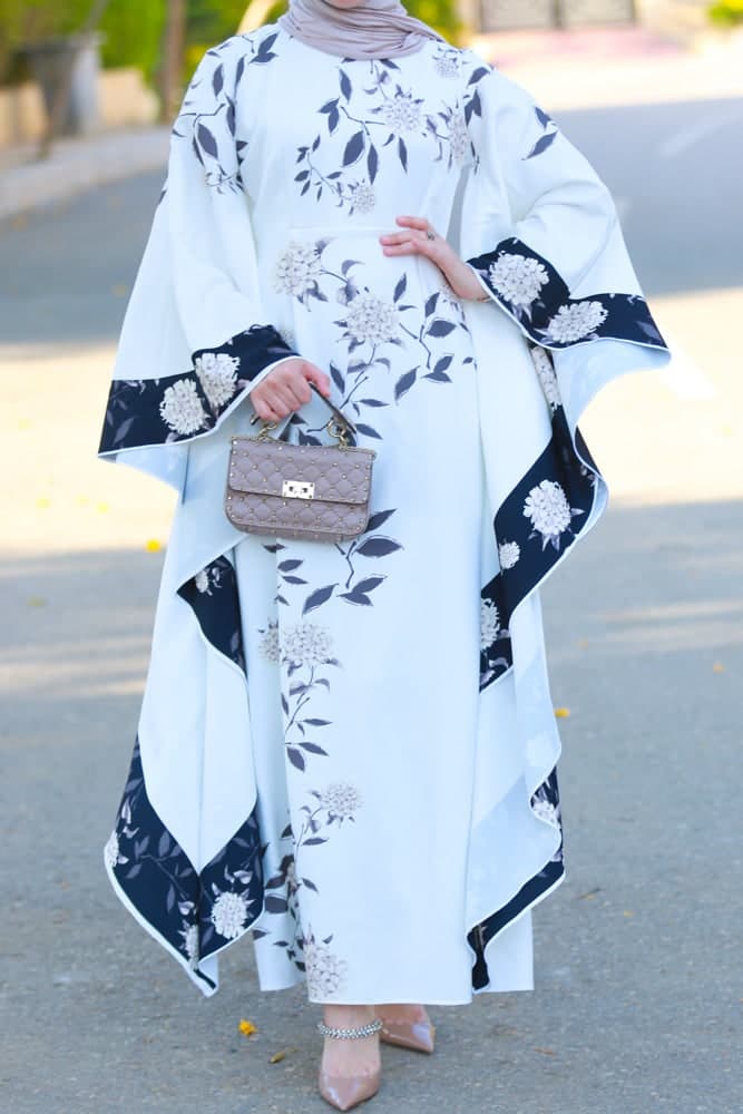 Nastya Contrast Batwing Kimono Extra Dramatic Sleeves Dress Fully Lined Maxi Length in white, view 3