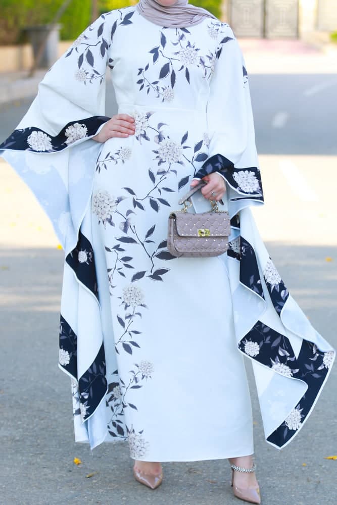 Nastya Contrast Batwing Kimono Extra Dramatic Sleeves Dress Fully Lined Maxi Length in white, view 5