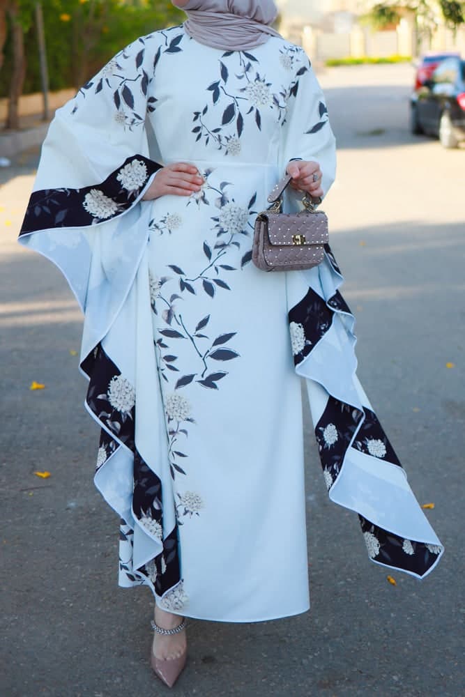 Nastya Contrast Batwing Kimono Extra Dramatic Sleeves Dress Fully Lined Maxi Length in white, view 10