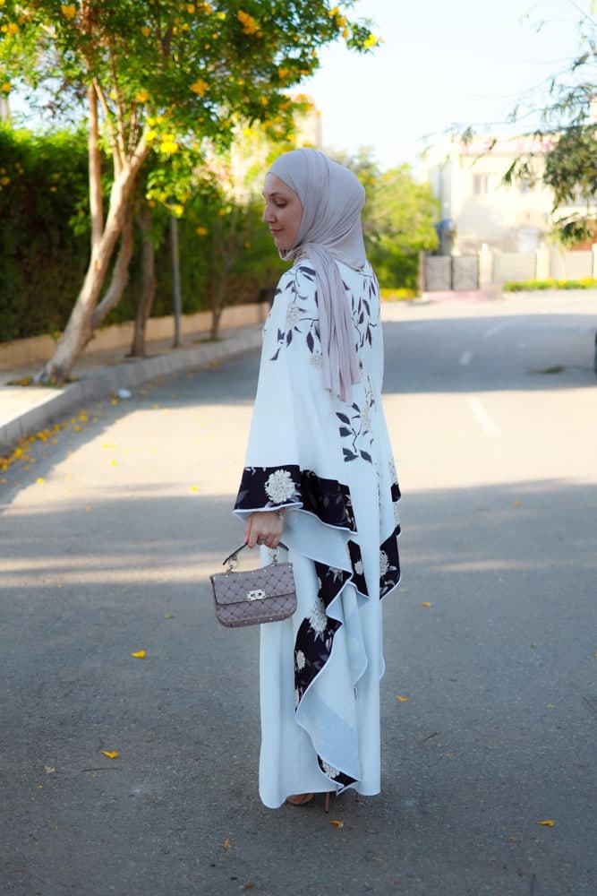 Nastya Contrast Batwing Kimono Extra Dramatic Sleeves Dress Fully Lined Maxi Length in white, view 8