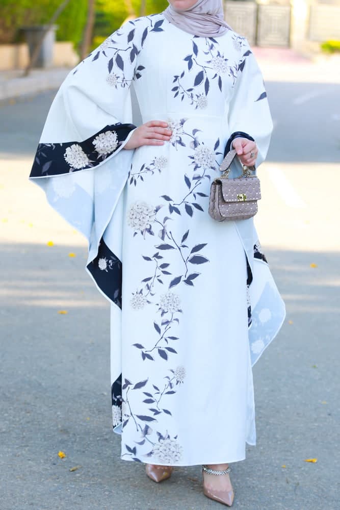 Nastya Contrast Batwing Kimono Extra Dramatic Sleeves Dress Fully Lined Maxi Length in white, view 4