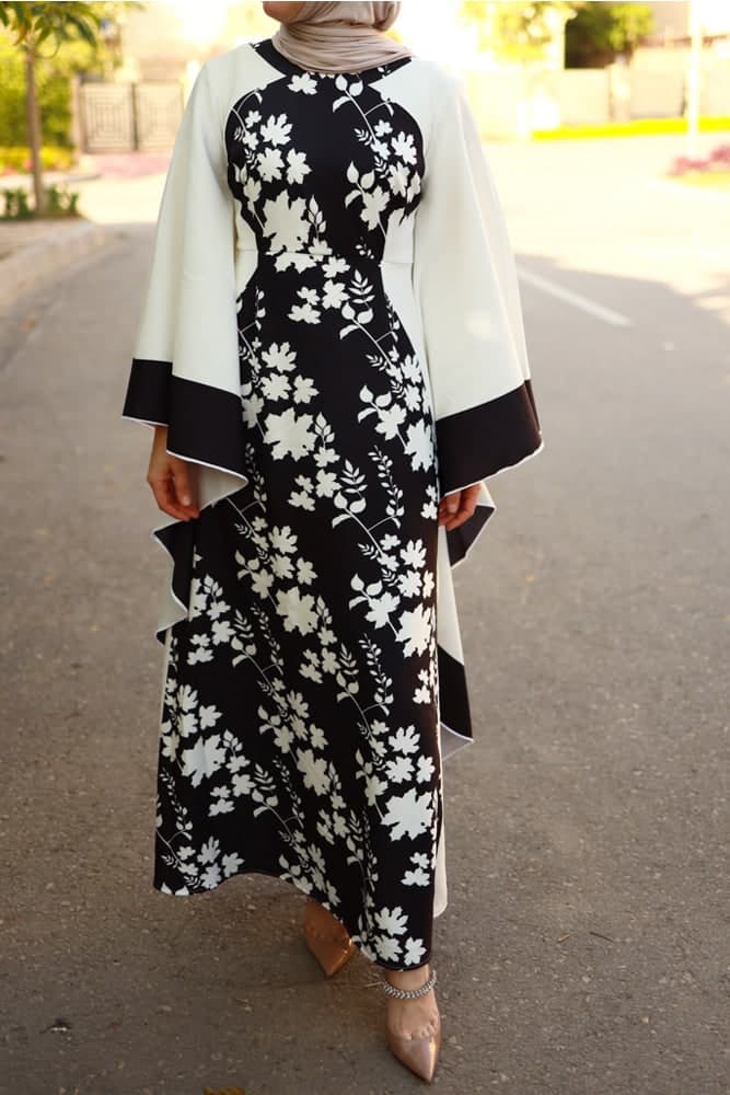 Anastasia Contrast Batwing Kimono Extra Dramatic Sleeves Dress Fully Lined Maxi Length in black, view 5