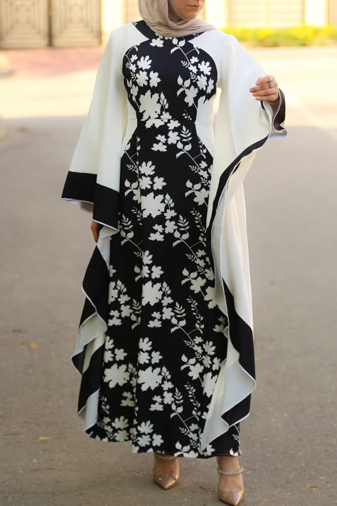 Anastasia Contrast Batwing Kimono Extra Dramatic Sleeves Dress Fully Lined Maxi Length in black, view 4