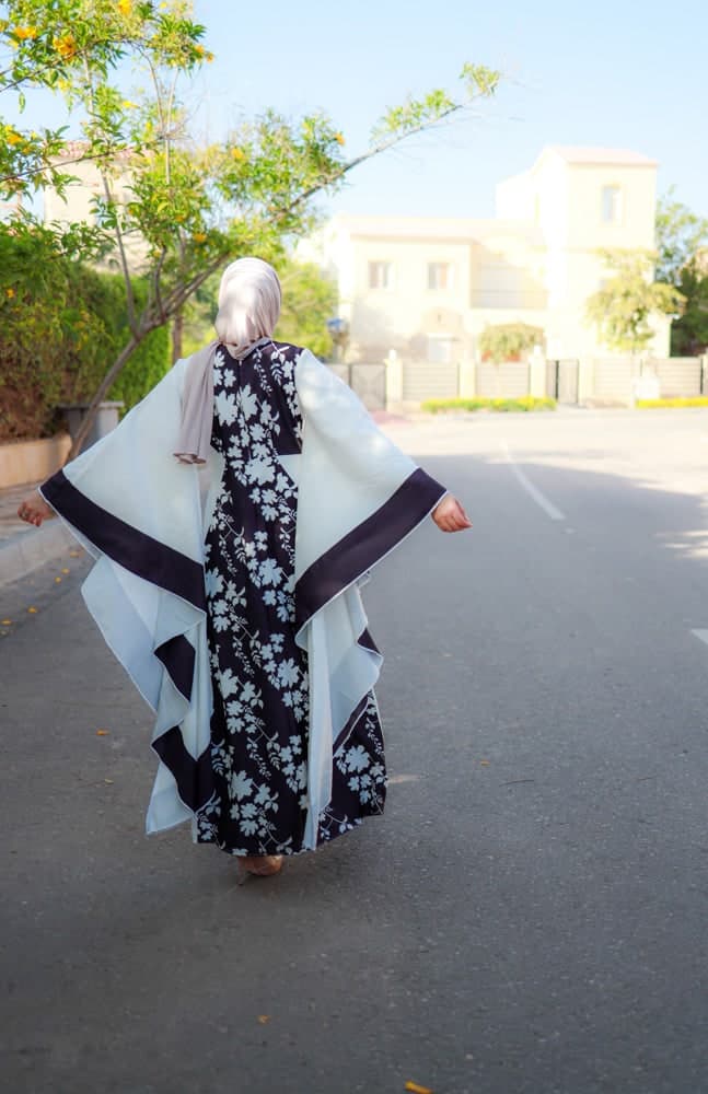 Anastasia Contrast Batwing Kimono Extra Dramatic Sleeves Dress Fully Lined Maxi Length in black, view 8