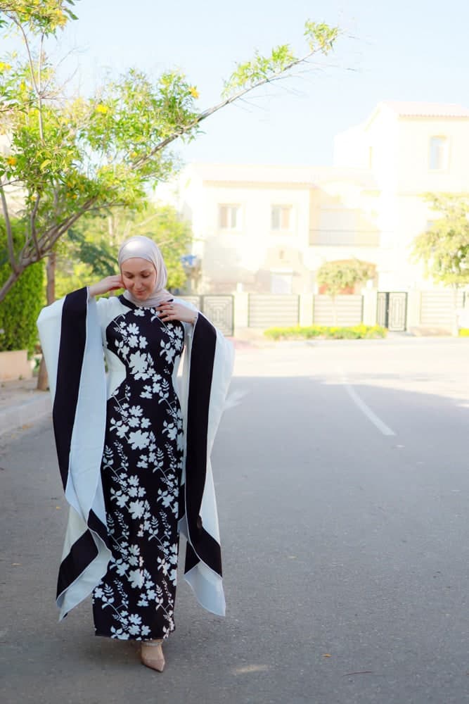 Anastasia Contrast Batwing Kimono Extra Dramatic Sleeves Dress Fully Lined Maxi Length in black, view 3