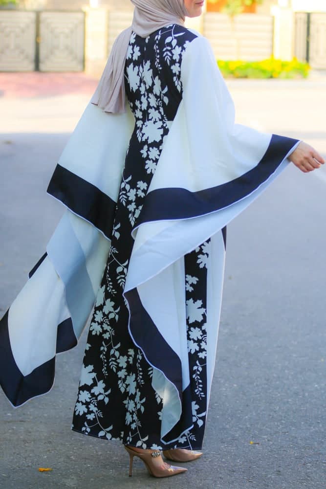Anastasia Contrast Batwing Kimono Extra Dramatic Sleeves Dress Fully Lined Maxi Length in black, view 11