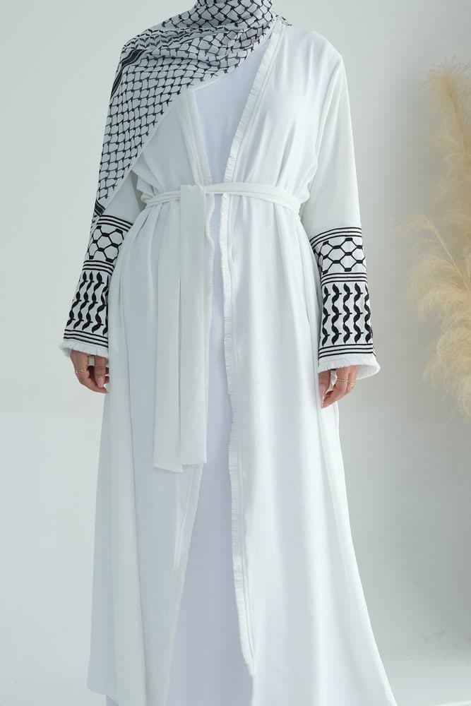 White Keffiyeh Inspired Abaya with Contrast Embroidered Sleeves and Detachable Belt, view 15
