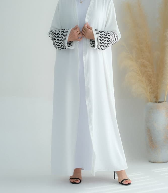 White Keffiyeh Inspired Abaya with Contrast Embroidered Sleeves and Detachable Belt, view 6