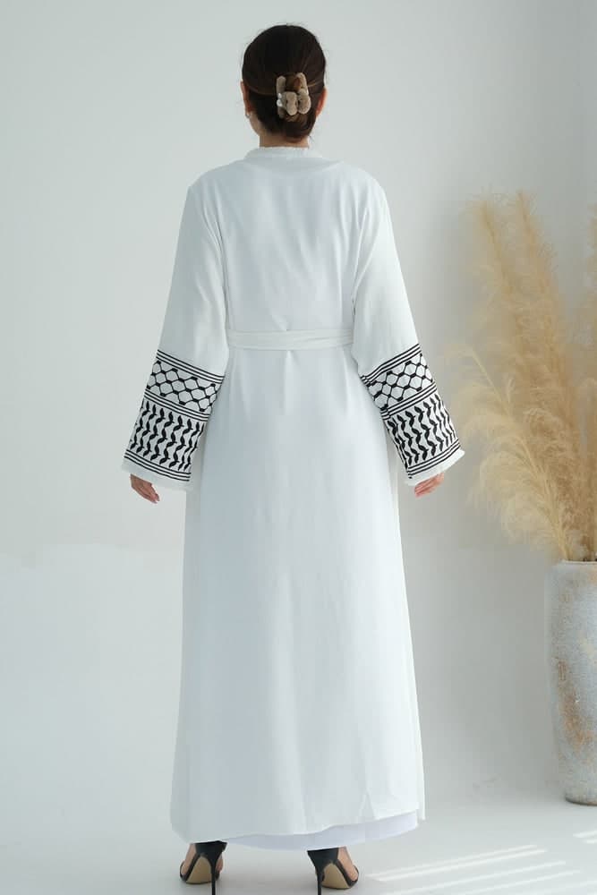 White Keffiyeh Inspired Abaya with Contrast Embroidered Sleeves and Detachable Belt, view 17