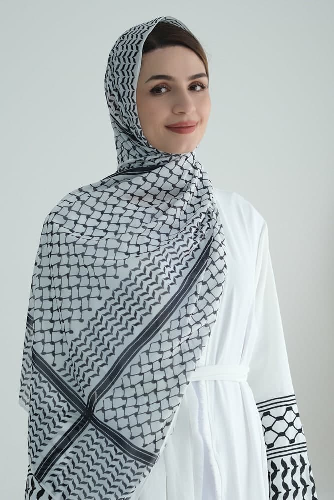 White Keffiyeh Inspired Abaya with Contrast Embroidered Sleeves and Detachable Belt, view 12