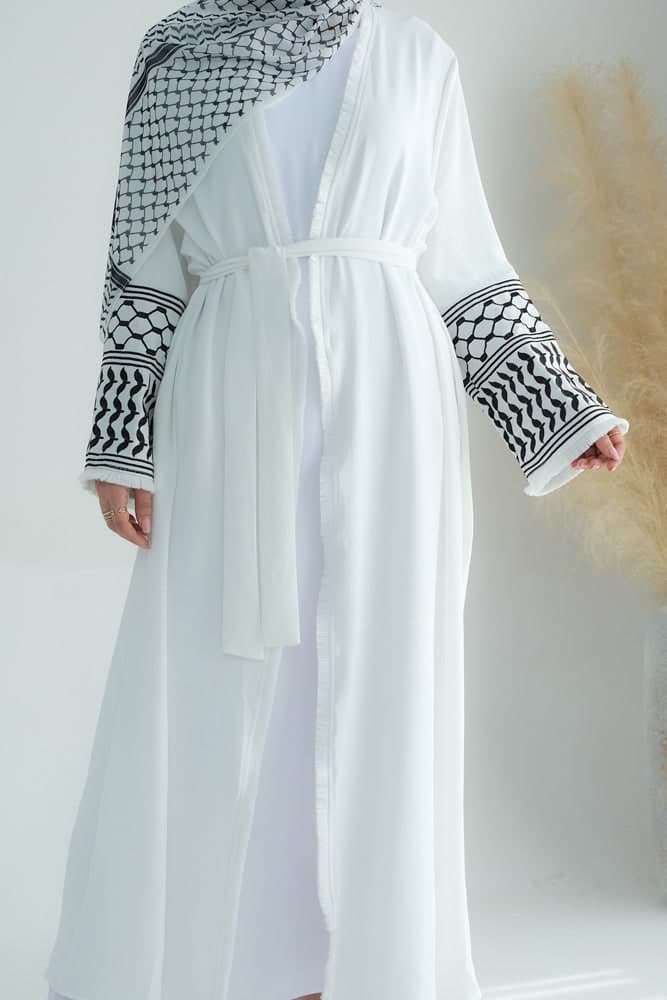 White Keffiyeh Inspired Abaya with Contrast Embroidered Sleeves and Detachable Belt, view 16