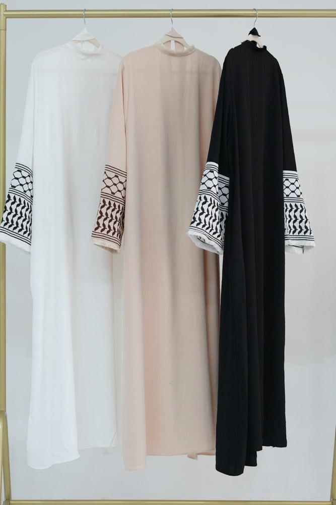 White Keffiyeh Inspired Abaya with Contrast Embroidered Sleeves and Detachable Belt, view 14