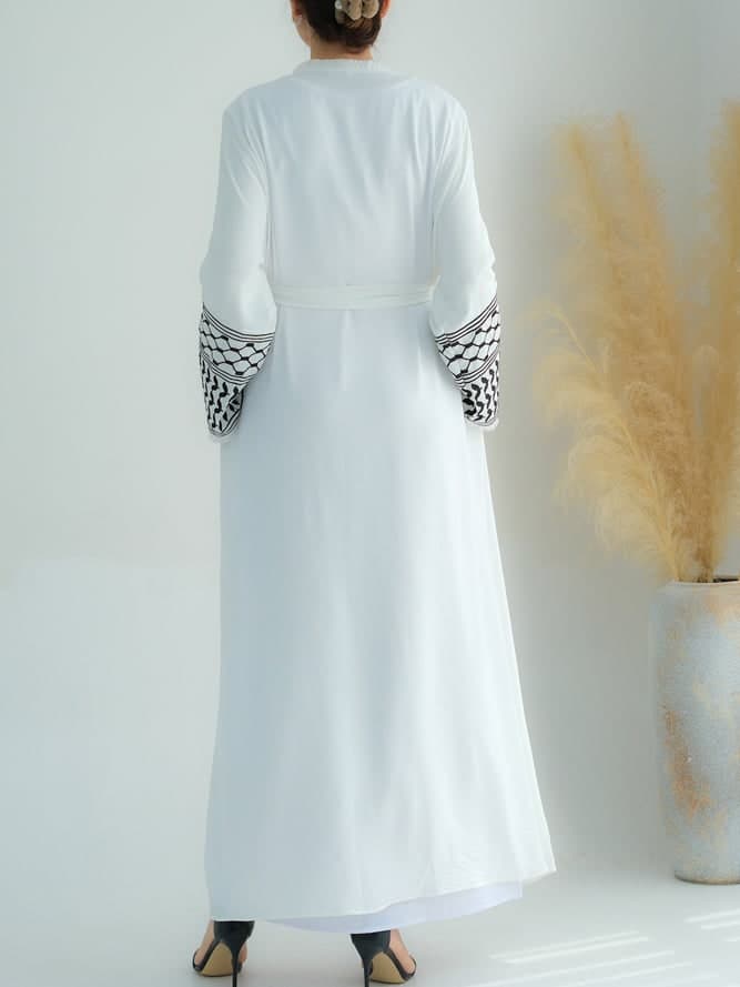 White Keffiyeh Inspired Abaya with Contrast Embroidered Sleeves and Detachable Belt, view 18