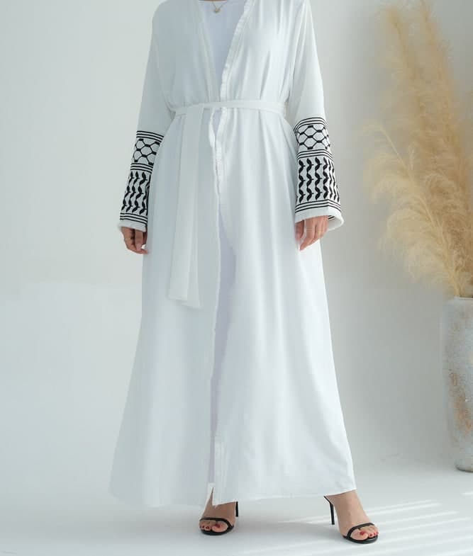 White Keffiyeh Inspired Abaya with Contrast Embroidered Sleeves and Detachable Belt, view 4