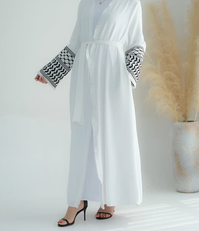White Keffiyeh Inspired Abaya with Contrast Embroidered Sleeves and Detachable Belt, view 8