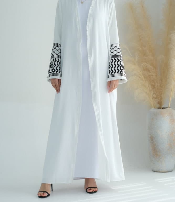 White Keffiyeh Inspired Abaya with Contrast Embroidered Sleeves and Detachable Belt, view 3