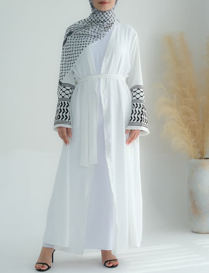 White Keffiyeh Inspired Abaya with Contrast Embroidered Sleeves and Detachable Belt, view 13