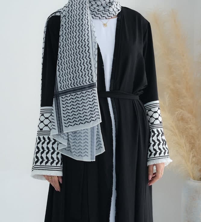 Black Keffiyeh Inspired Abaya with Contrast Embroidered Sleeves and Detachable Belt, view 3