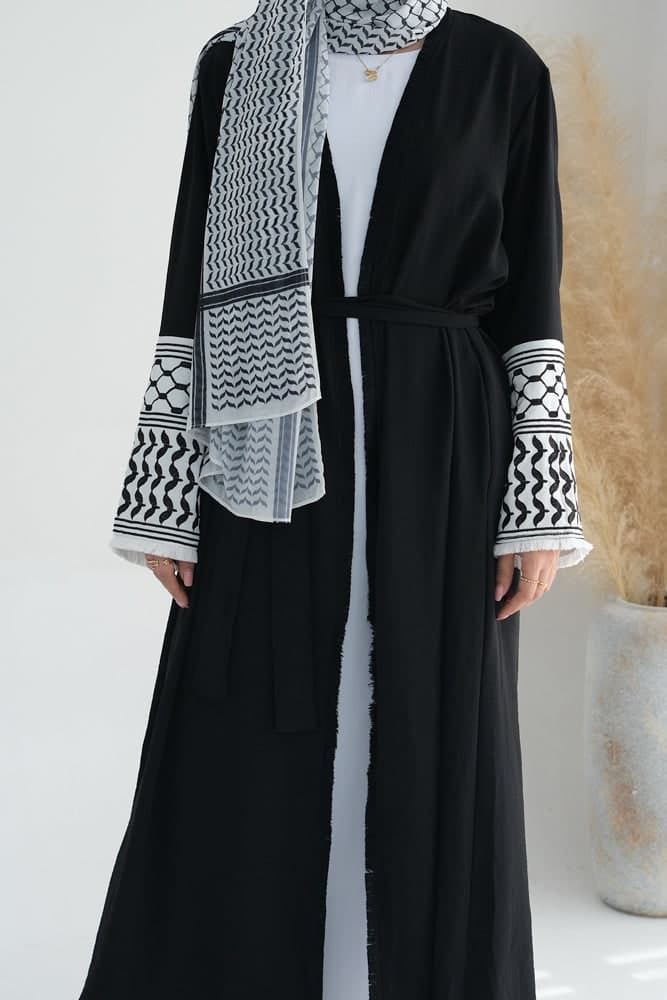 Black Keffiyeh Inspired Abaya with Contrast Embroidered Sleeves and Detachable Belt, view 14