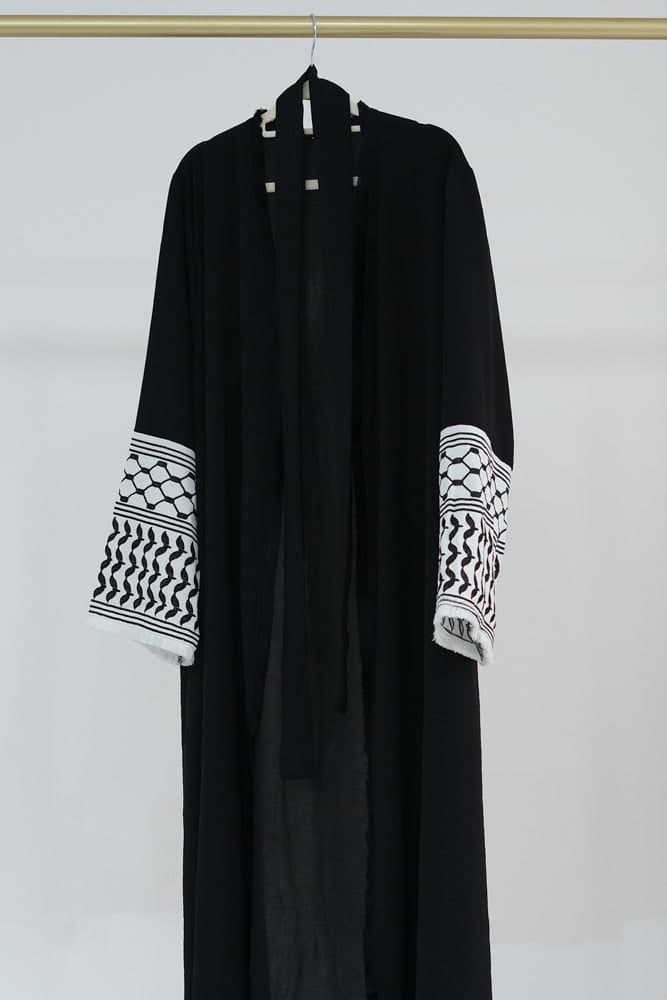 Black Keffiyeh Inspired Abaya with Contrast Embroidered Sleeves and Detachable Belt, view 10