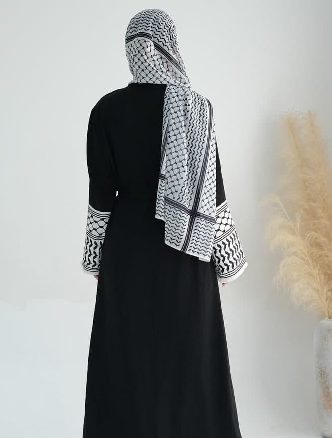 Black Keffiyeh Inspired Abaya with Contrast Embroidered Sleeves and Detachable Belt, view 16