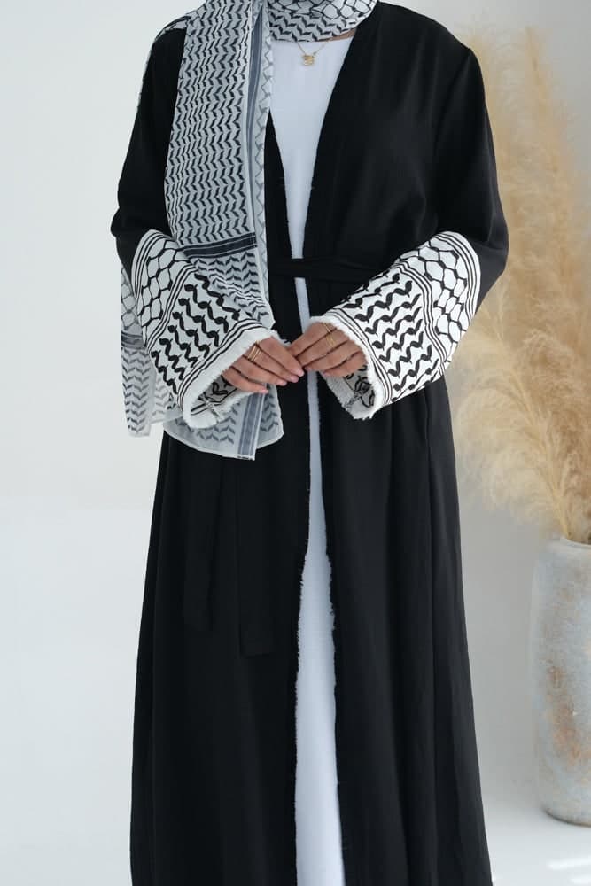 Black Keffiyeh Inspired Abaya with Contrast Embroidered Sleeves and Detachable Belt, view 13