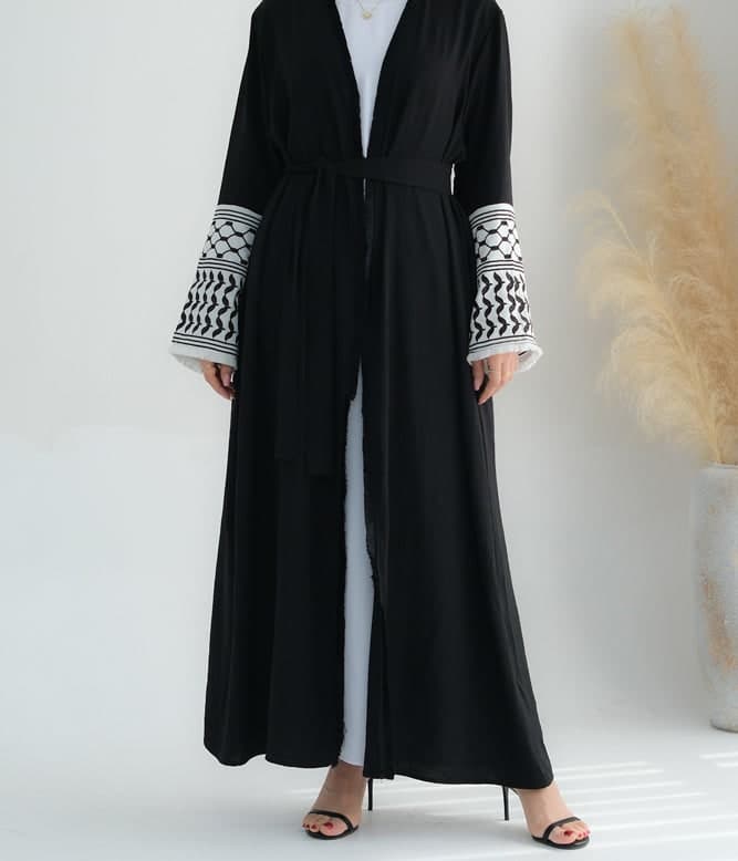 Black Keffiyeh Inspired Abaya with Contrast Embroidered Sleeves and Detachable Belt, view 12