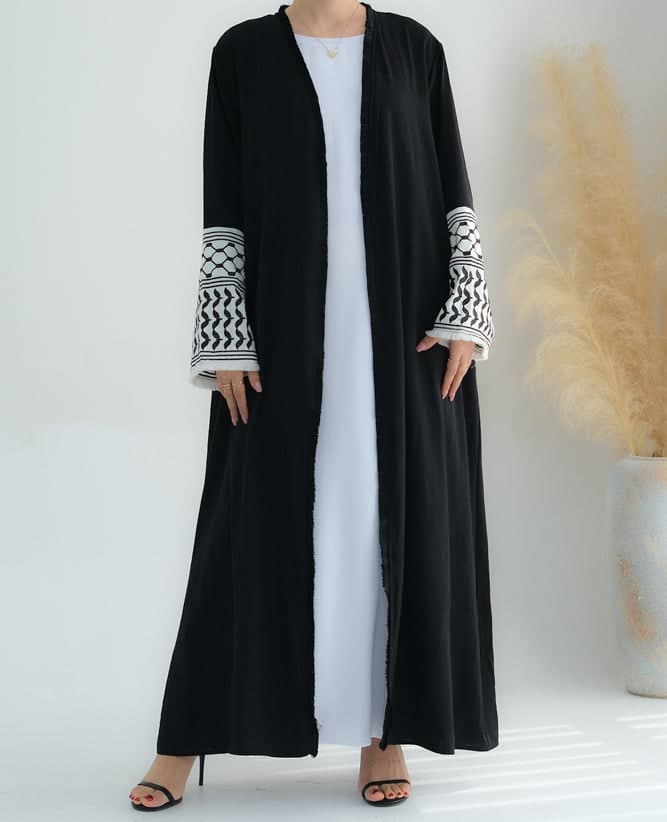 Black Keffiyeh Inspired Abaya with Contrast Embroidered Sleeves and Detachable Belt, view 8