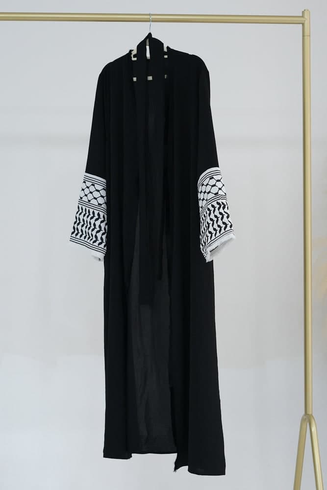Black Keffiyeh Inspired Abaya with Contrast Embroidered Sleeves and Detachable Belt, view 9