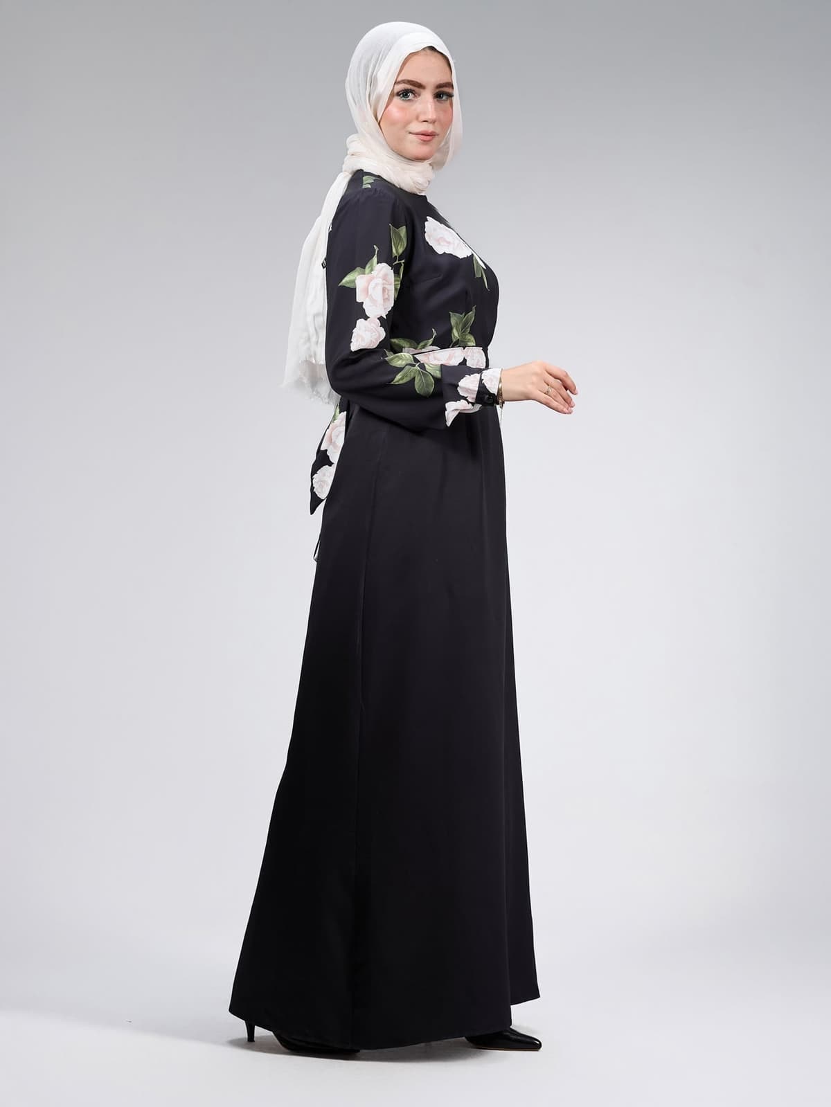 Back view of luxurious black satin maxi dress