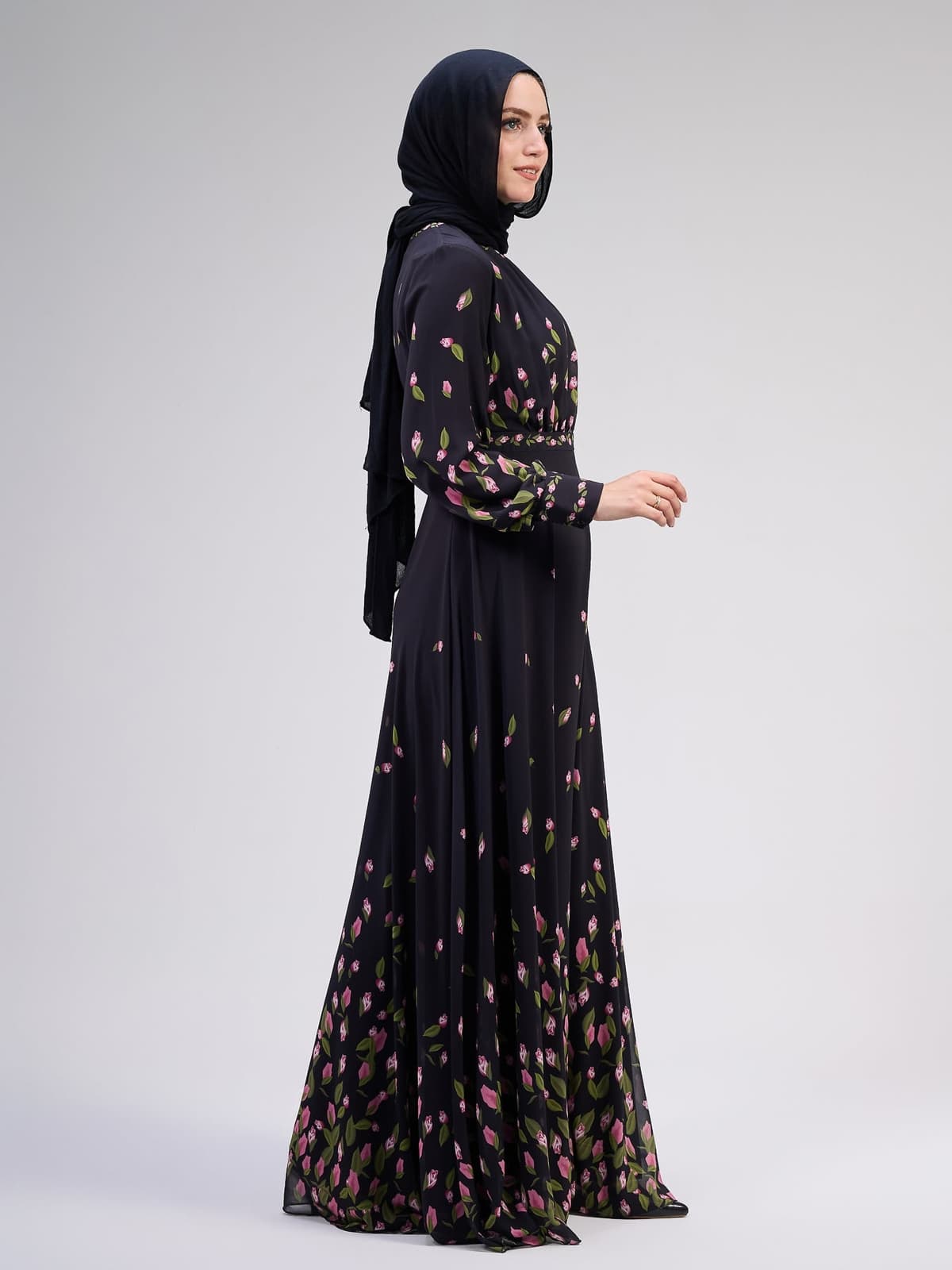 Muneera Evelyn Chiffon Floral Maxi Dress with Empire Waist and Flared Sleeves in black, view 3