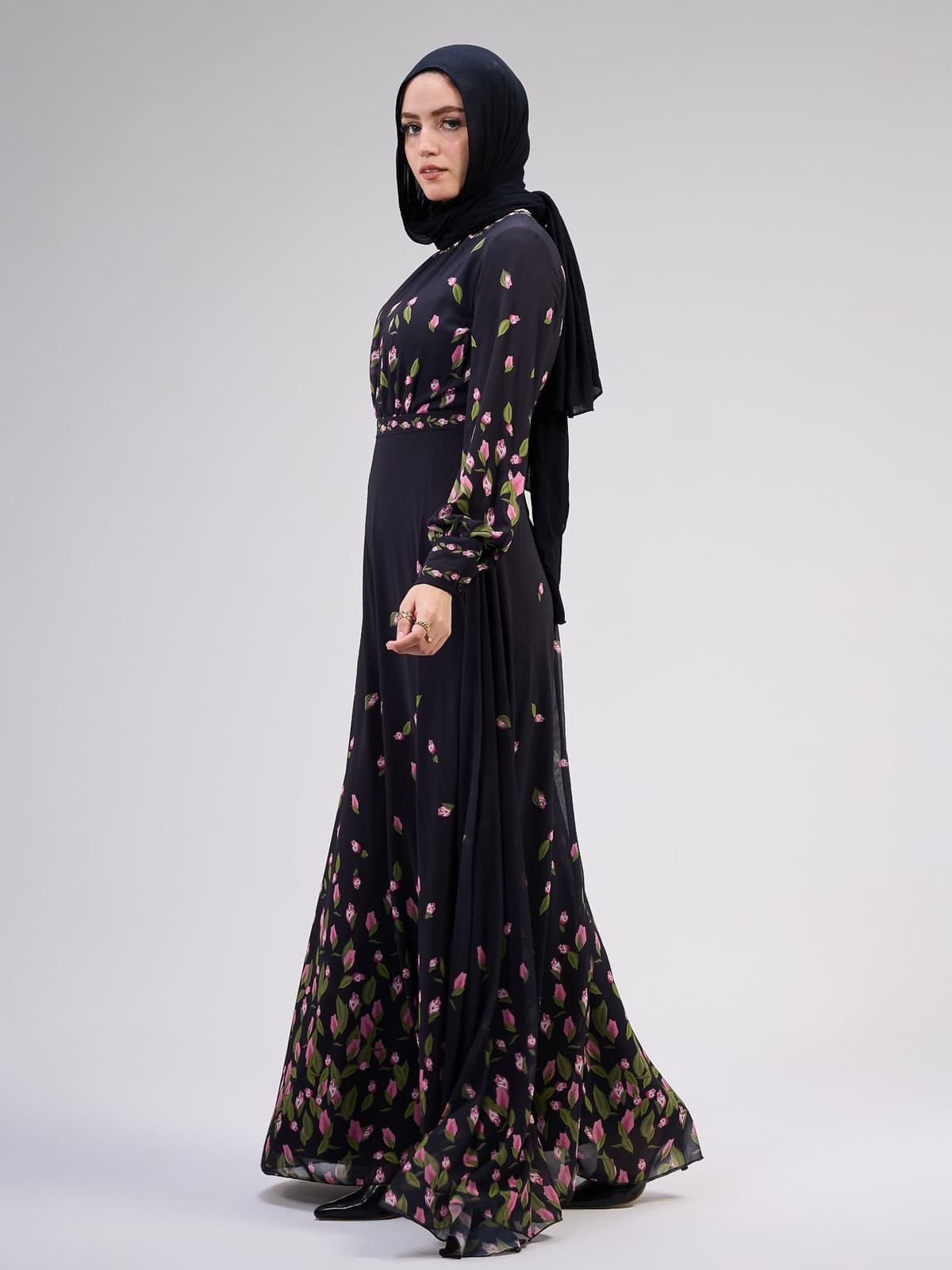 Muneera Evelyn Chiffon Floral Maxi Dress with Empire Waist and Flared Sleeves in black, view 5