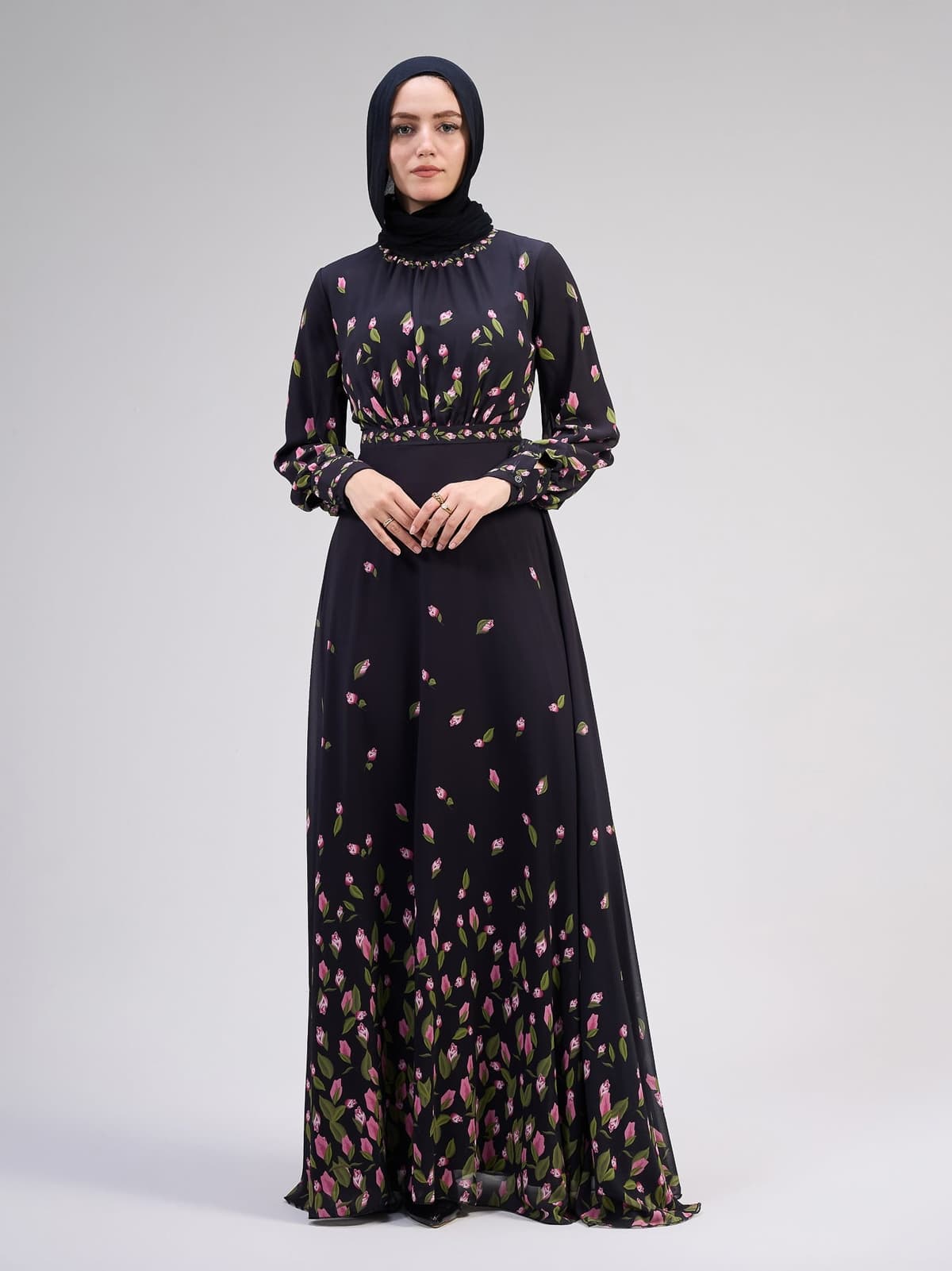 Muneera Evelyn Chiffon Floral Maxi Dress with Empire Waist and Flared Sleeves in black, view 6