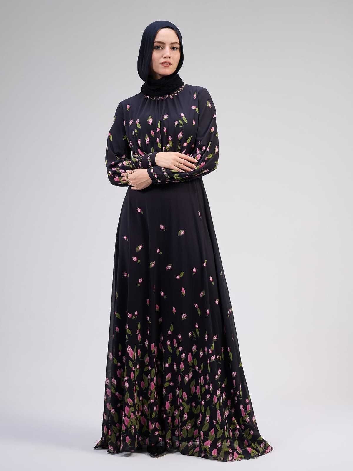 Muneera Evelyn Chiffon Floral Maxi Dress with Empire Waist and Flared Sleeves in black, view 4