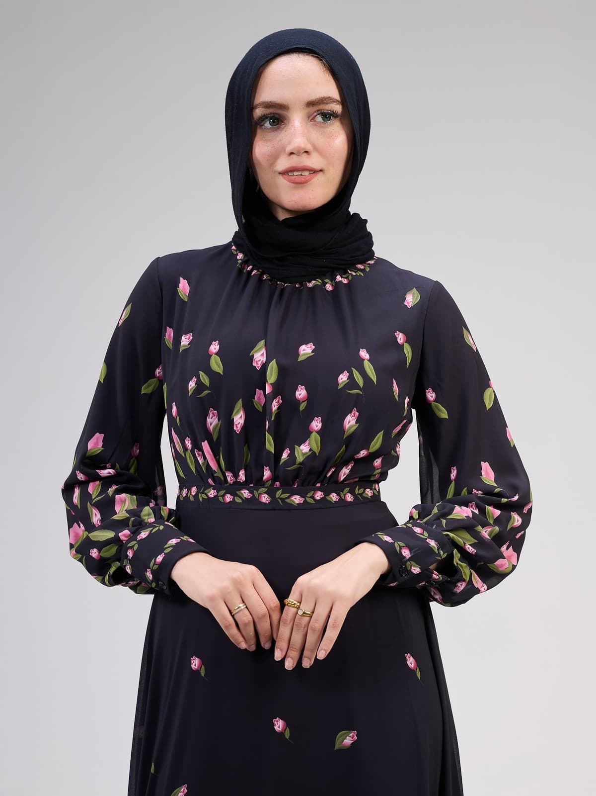 Muneera Evelyn Chiffon Floral Maxi Dress with Empire Waist and Flared Sleeves in black, view 7