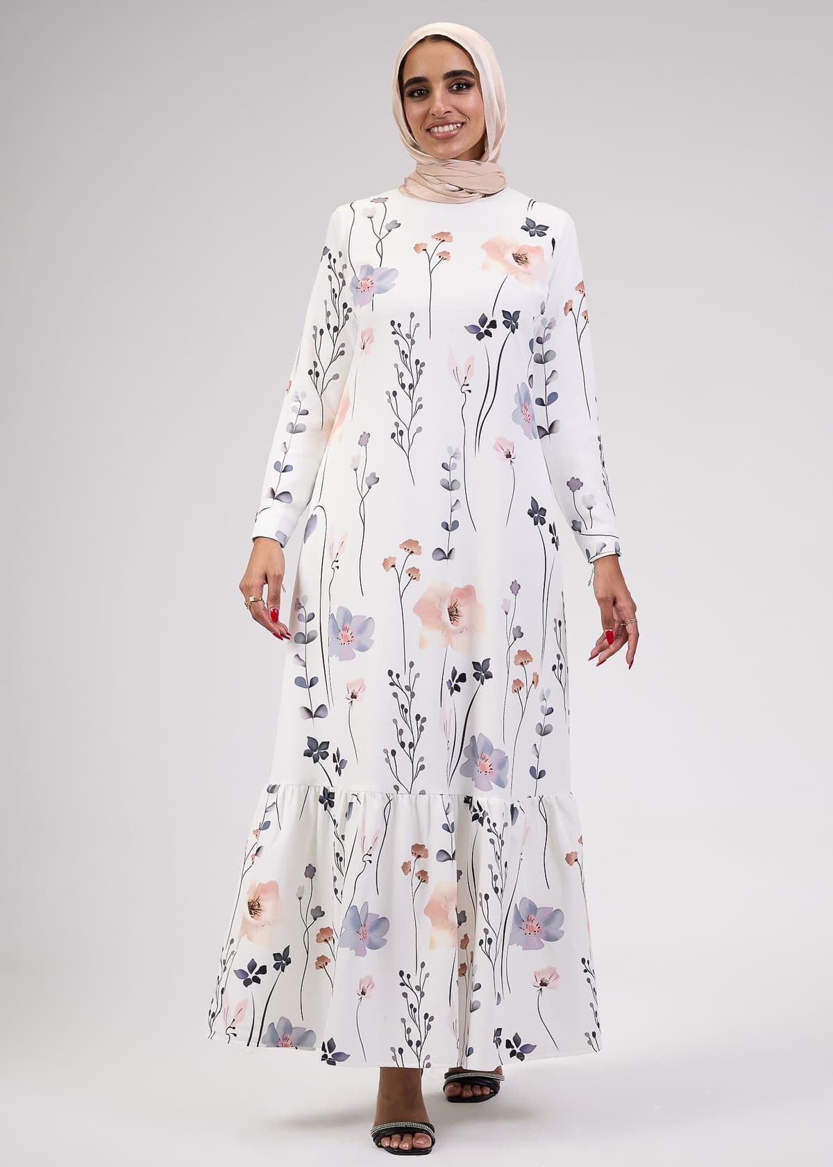 Accessorized look of Lily Bloom Modesty Dress in floral print