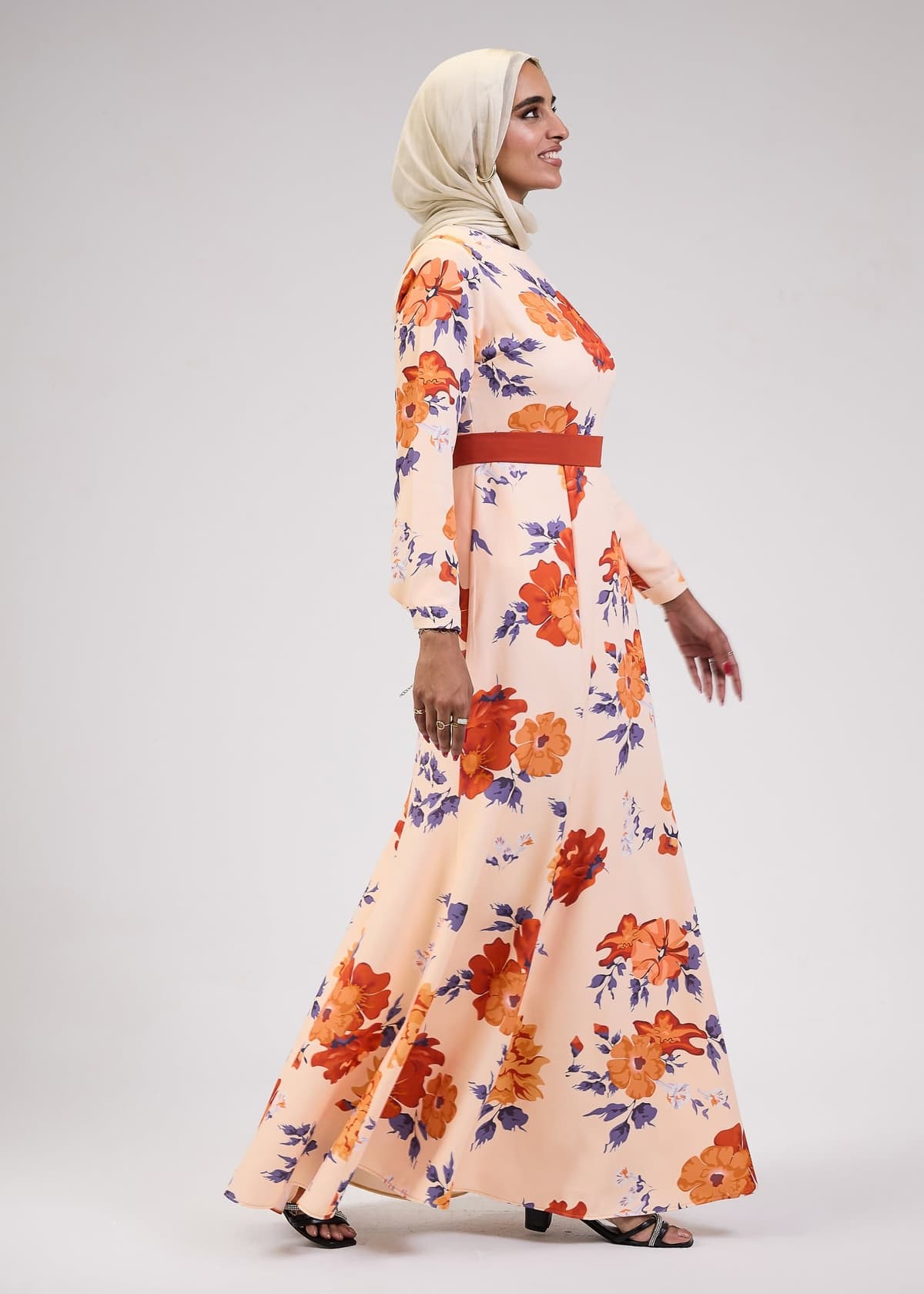 Model wearing Blossom Crepe Floral Modesty Maxi Dress front view